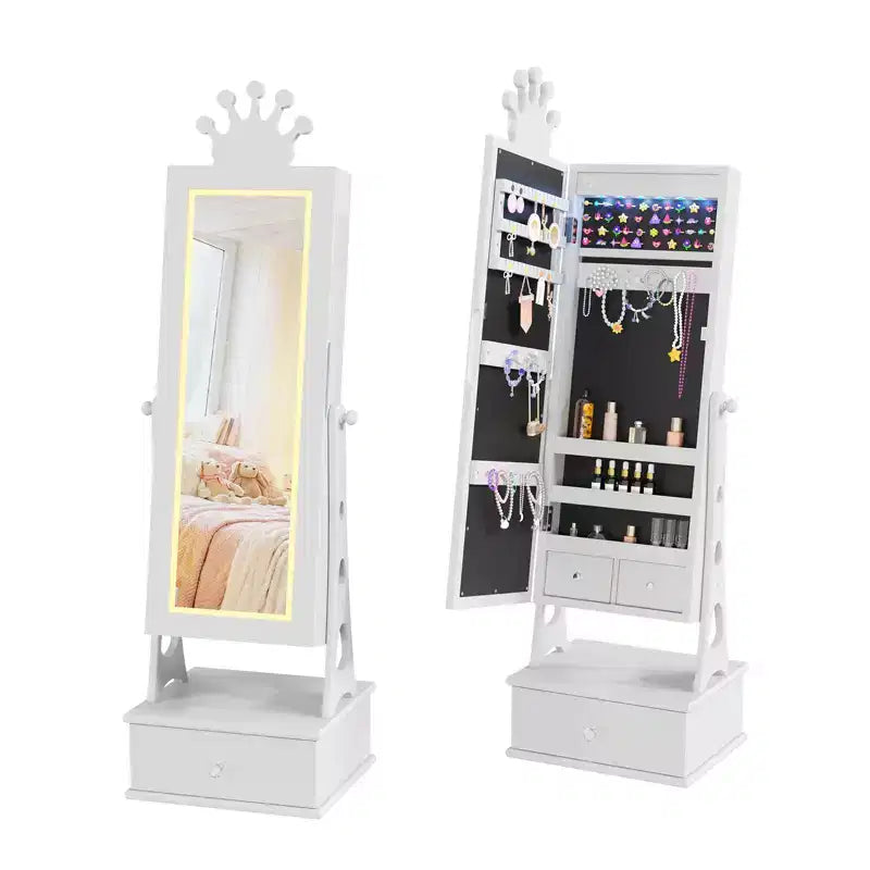 Meuble-armoire à bijoux pour enfants, organisateur de bijoux sur pied avec miroir pleine longueur, 3 tiroirs de rangement, armoire à bijoux-miroir de coiffeuse pour filles