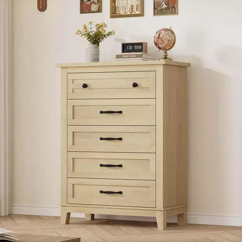 Acekool 5 Drawer Tall Dresser, Vertical Wooden Chest of Drawers Storage Organizer for Bedroom, Living Room, Entryway, Natural Oak