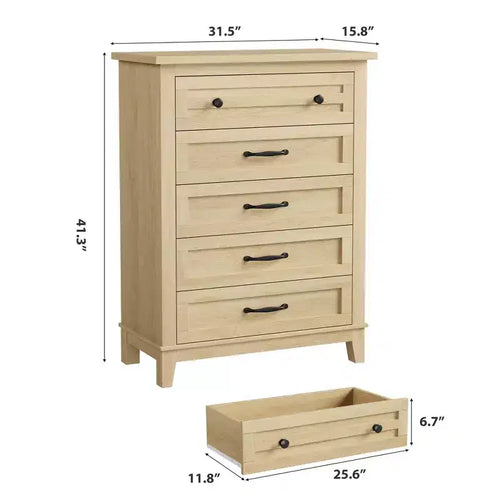 Commode haute Acekool à 5 tiroirs, organisateur de rangement vertical en bois pour chambre, salon, entrée, chêne naturel