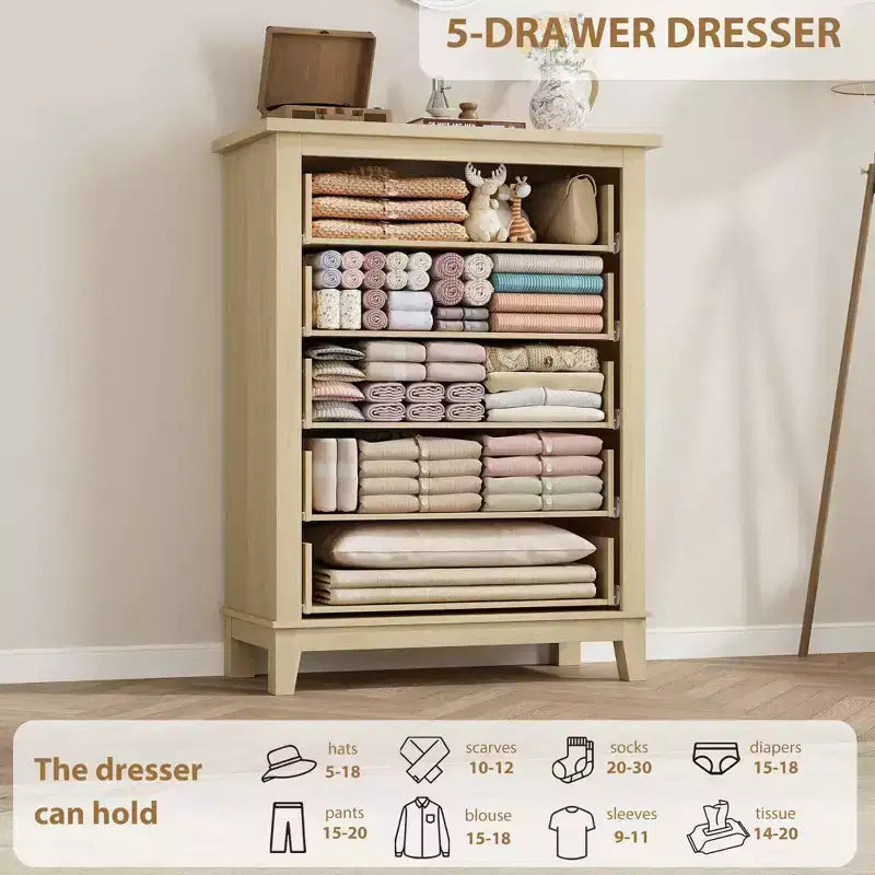 Commode haute Acekool à 5 tiroirs, organisateur de rangement vertical en bois pour chambre, salon, entrée, chêne naturel