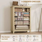 Commode haute Acekool à 5 tiroirs, organisateur de rangement vertical en bois pour chambre, salon, entrée, chêne naturel