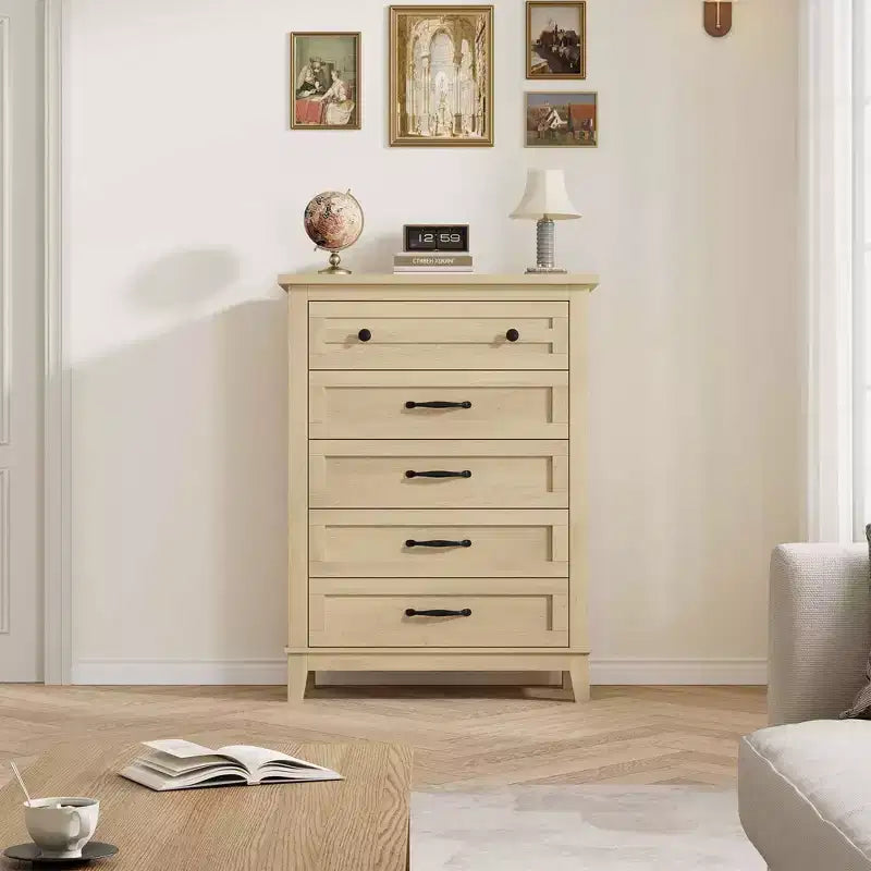 Commode haute Acekool à 5 tiroirs, organisateur de rangement vertical en bois pour chambre, salon, entrée, chêne naturel