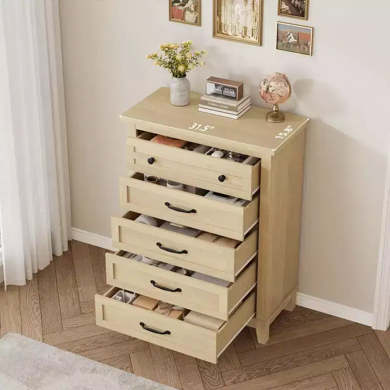 Commode haute Acekool à 5 tiroirs, organisateur de rangement vertical en bois pour chambre, salon, entrée, chêne naturel