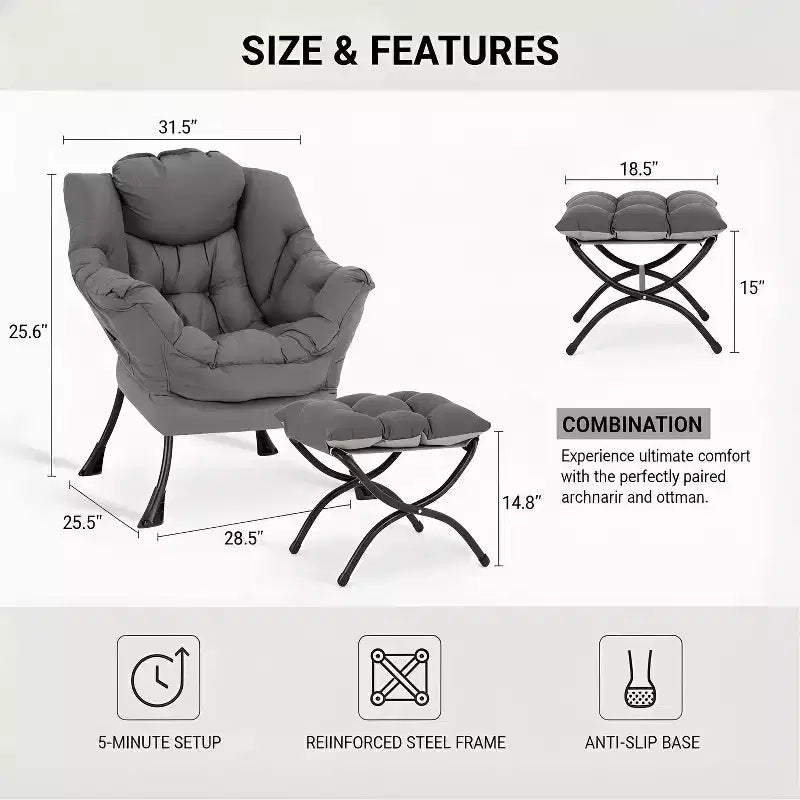 Fauteuil paresseux Summit Adventure avec pouf Fauteuil d'appoint moderne rembourré avec accoudoirs et poche latérale Gris foncé