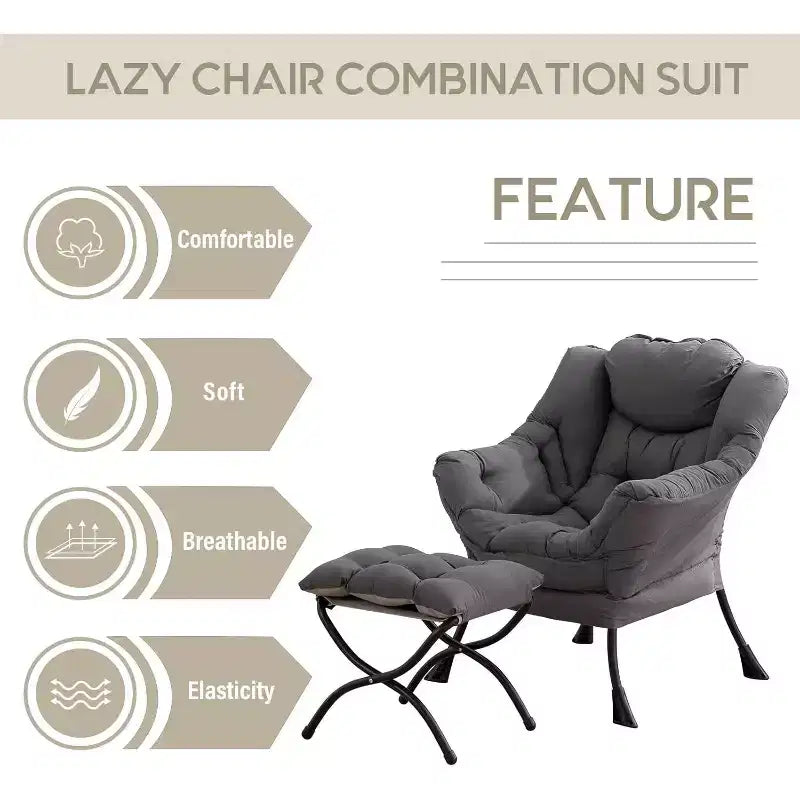 Fauteuil paresseux Summit Adventure avec pouf Fauteuil d'appoint moderne rembourré avec accoudoirs et poche latérale Gris foncé