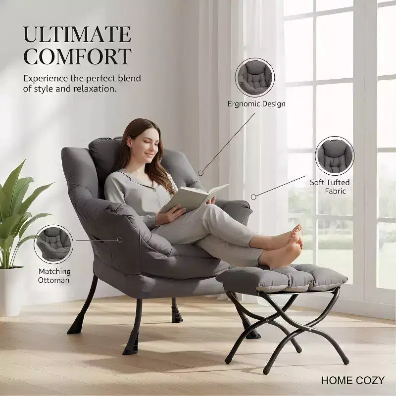 Fauteuil paresseux Summit Adventure avec pouf Fauteuil d'appoint moderne rembourré avec accoudoirs et poche latérale Gris foncé