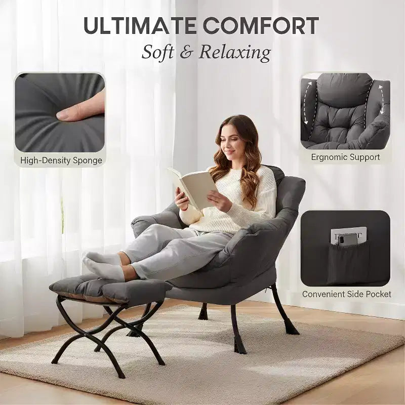 Fauteuil paresseux Summit Adventure avec pouf Fauteuil d'appoint moderne rembourré avec accoudoirs et poche latérale Gris foncé