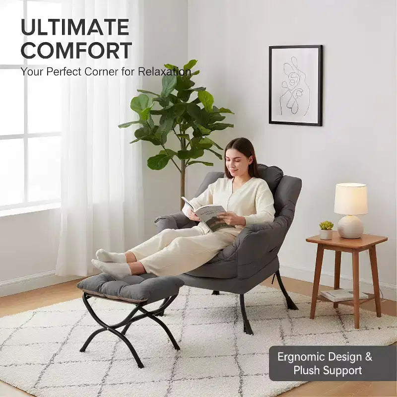 Fauteuil paresseux Summit Adventure avec pouf Fauteuil d'appoint moderne rembourré avec accoudoirs et poche latérale Gris foncé