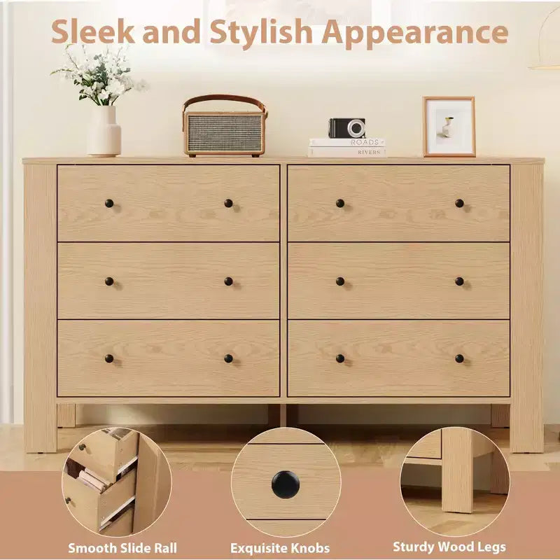 COZONY Commode à 6 tiroirs 50 pour chambre, commode moderne en bois avec rangement profond pour salon et entrée
