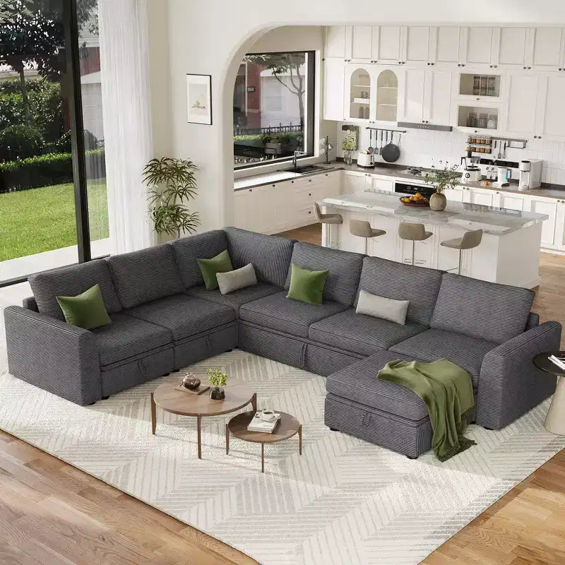 Canapé-lit d'angle modulable GUSTOWAVE avec rangement, lit de couchage escamotable 2 places en chenille grise pour salon