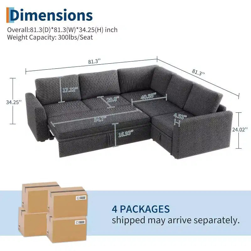 Canapé-lit d'angle modulable GUSTOWAVE avec rangement, lit de couchage escamotable 2 places en chenille grise pour salon