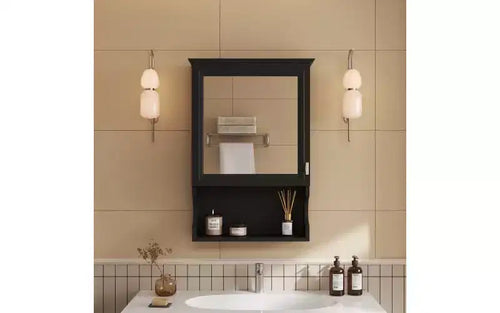 AMMER 20'' Wall Mounted Bathroom Storage Cabinet with Mirror, Wall Mounted Home Storage with Door, Mirrored Wall Medicine Cabinet, Black
