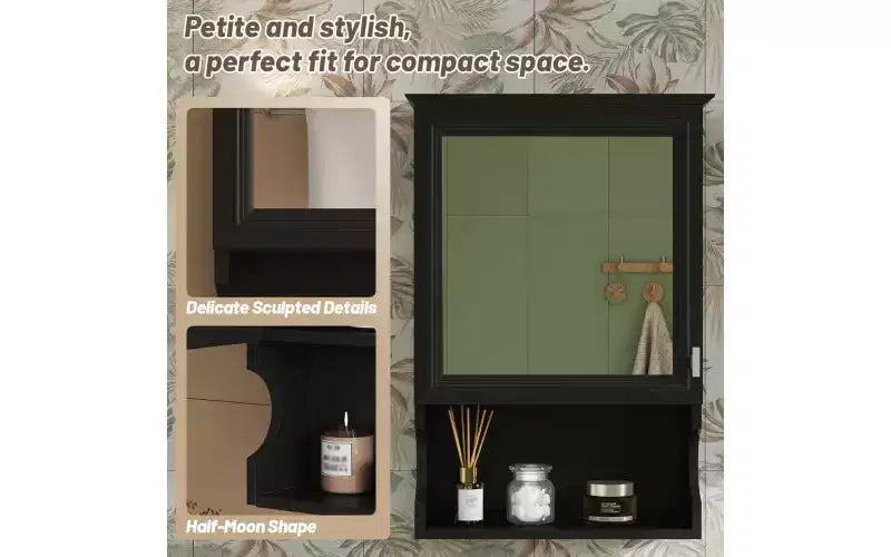 AMMER Armoire de salle de bain murale 50,8 cm avec miroir, rangement mural avec porte, armoire à pharmacie murale avec miroir, noire