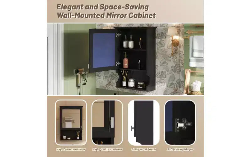 AMMER Armoire de salle de bain murale 50,8 cm avec miroir, rangement mural avec porte, armoire à pharmacie murale avec miroir, noire
