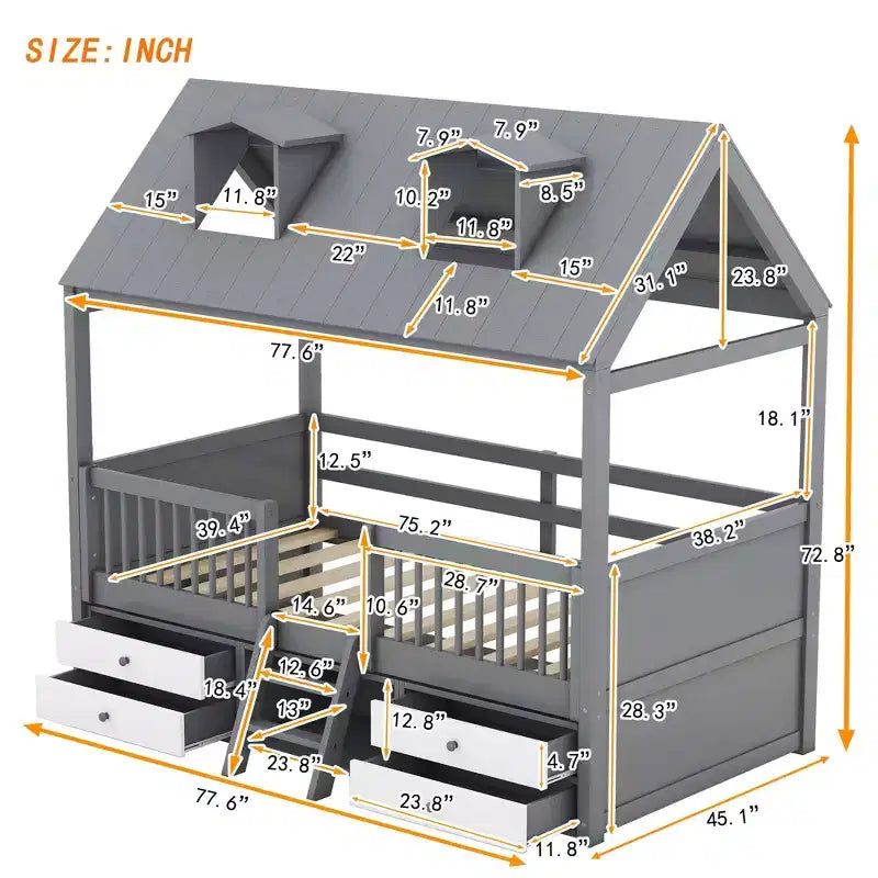 Luxystar Lit cabane moderne en bois avec 4 tiroirs et étagère