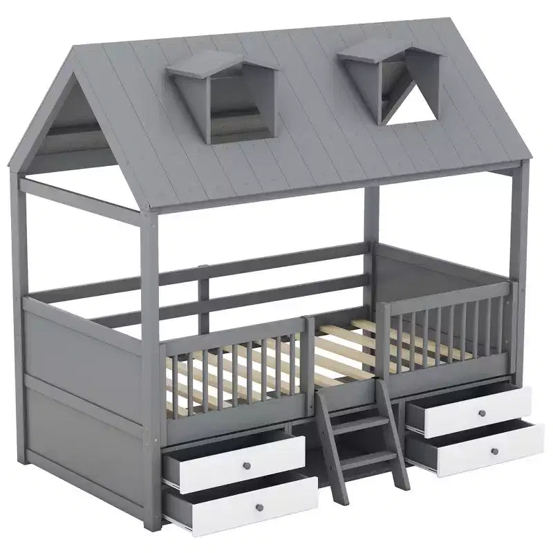 Luxystar Lit cabane moderne en bois avec 4 tiroirs et étagère
