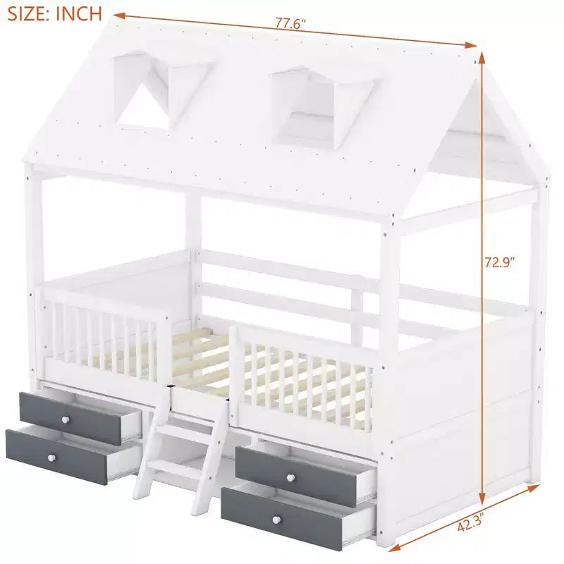 Luxystar Lit cabane moderne en bois avec 4 tiroirs et étagère