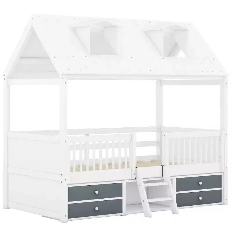 Luxystar Lit cabane moderne en bois avec 4 tiroirs et étagère