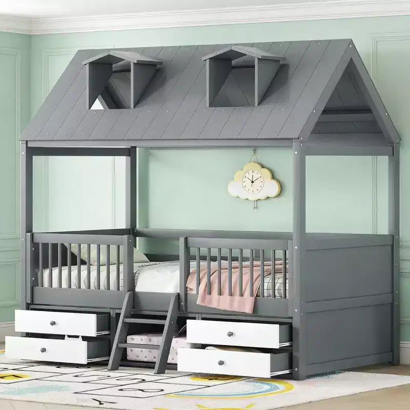 Luxystar Lit cabane moderne en bois avec 4 tiroirs et étagère