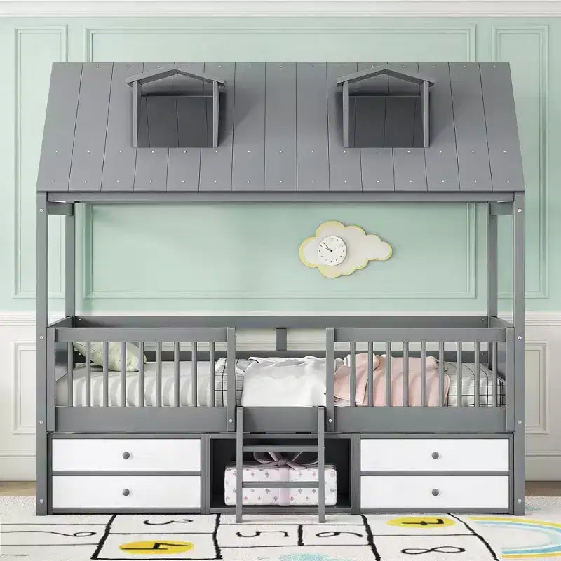 Luxystar Modern Wood House Bed Frame with 4 Drawers and Shelf