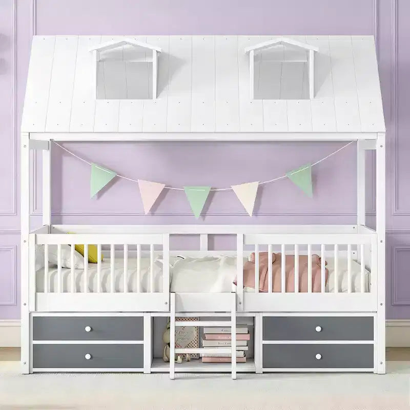 Luxystar Lit cabane moderne en bois avec 4 tiroirs et étagère