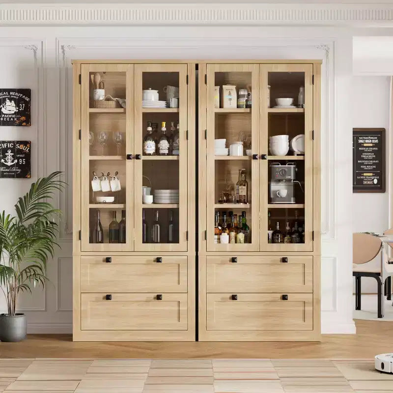 Meuble de rangement haut de cuisine de 72 po avec 2 tiroirs, armoire de cuisine de style campagnard avec portes vitrées et étagères réglables, pour salle à manger