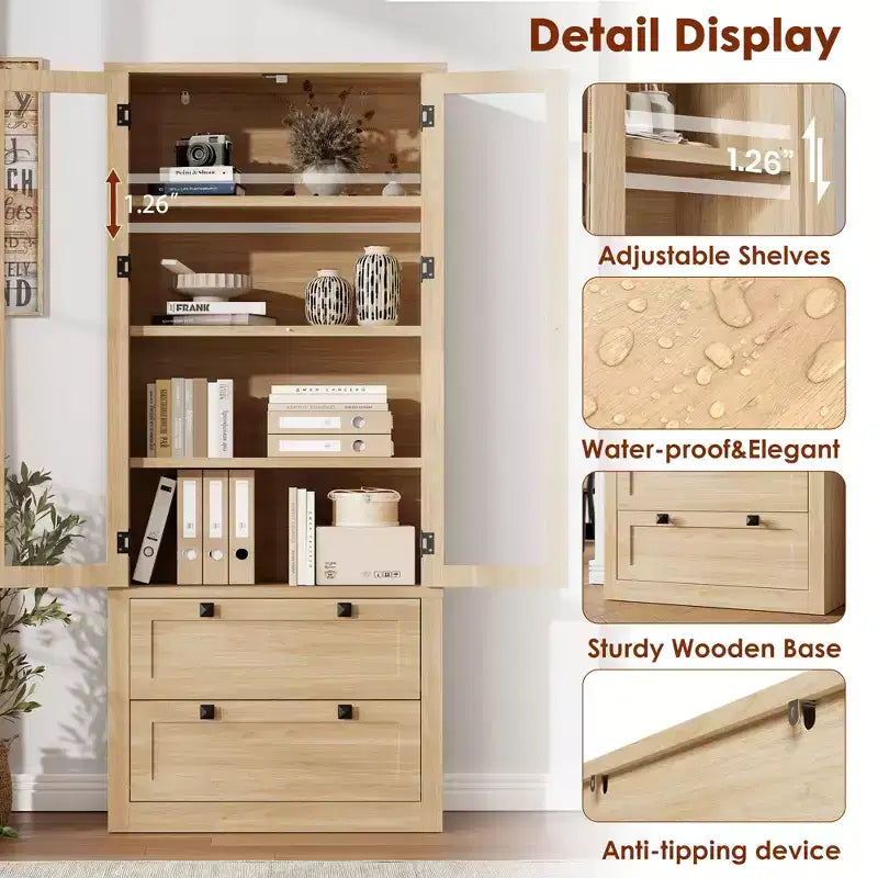 Meuble de rangement haut de cuisine de 72 po avec 2 tiroirs, armoire de cuisine de style campagnard avec portes vitrées et étagères réglables, pour salle à manger