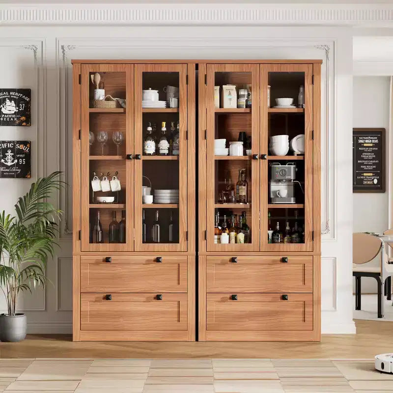Meuble de rangement haut de cuisine de 72 po avec 2 tiroirs, armoire de cuisine de style campagnard avec portes vitrées et étagères réglables, pour salle à manger