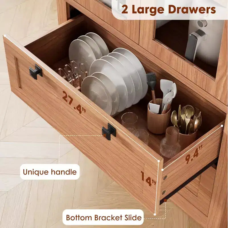 Meuble de rangement haut de cuisine de 72 po avec 2 tiroirs, armoire de cuisine de style campagnard avec portes vitrées et étagères réglables, pour salle à manger