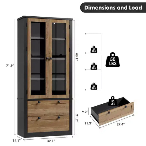 Meuble de rangement haut de cuisine de 72 po avec 2 tiroirs, armoire de cuisine de style campagnard avec portes vitrées et étagères réglables, pour salle à manger
