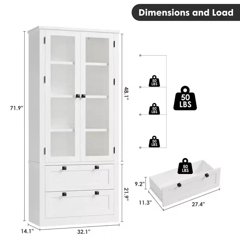 Meuble de rangement haut de cuisine de 72 po avec 2 tiroirs, armoire de cuisine de style campagnard avec portes vitrées et étagères réglables, pour salle à manger