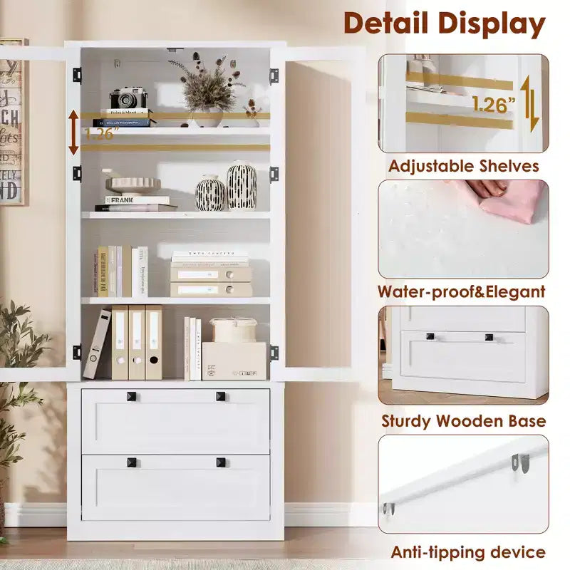 Meuble de rangement haut de cuisine de 72 po avec 2 tiroirs, armoire de cuisine de style campagnard avec portes vitrées et étagères réglables, pour salle à manger
