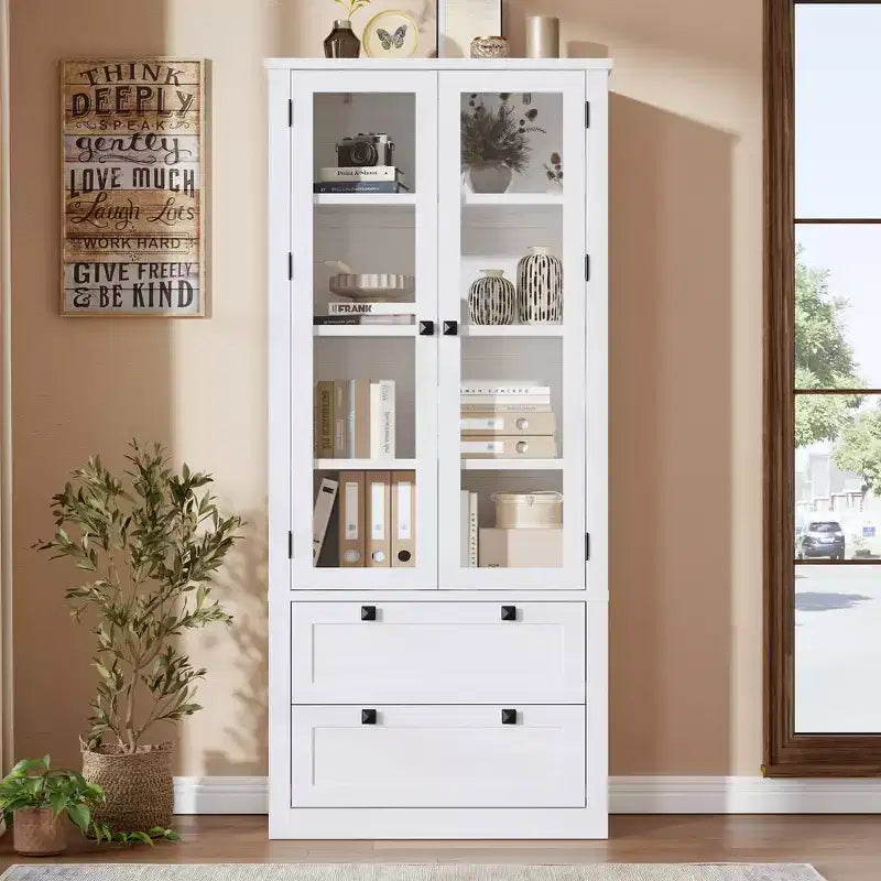 Meuble de rangement haut de cuisine de 72 po avec 2 tiroirs, armoire de cuisine de style campagnard avec portes vitrées et étagères réglables, pour salle à manger