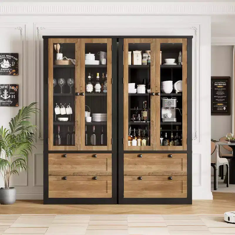 Meuble de rangement haut de cuisine de 72 po avec 2 tiroirs, armoire de cuisine de style campagnard avec portes vitrées et étagères réglables, pour salle à manger