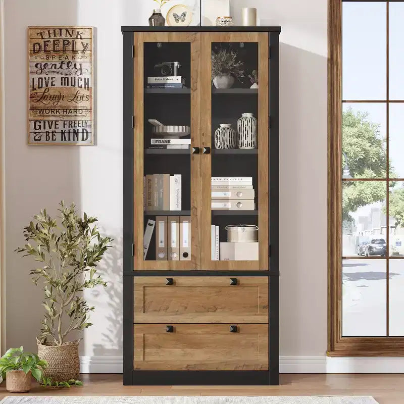 Meuble de rangement haut de cuisine de 72 po avec 2 tiroirs, armoire de cuisine de style campagnard avec portes vitrées et étagères réglables, pour salle à manger