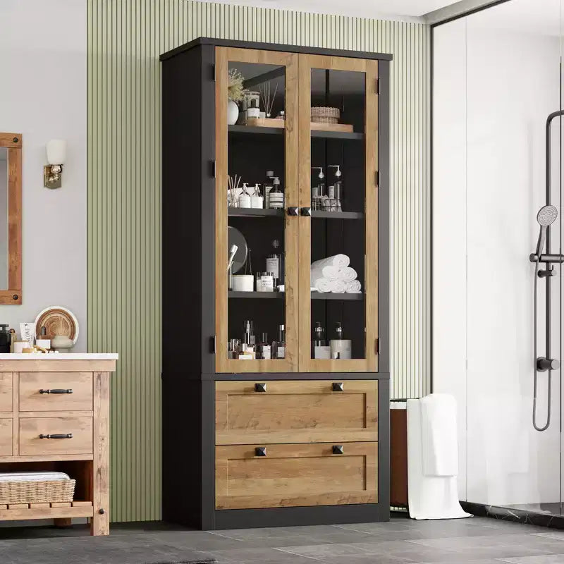 Meuble de rangement haut de cuisine de 72 po avec 2 tiroirs, armoire de cuisine de style campagnard avec portes vitrées et étagères réglables, pour salle à manger