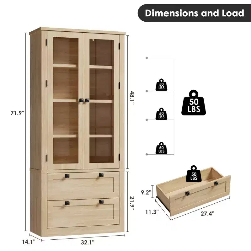 Meuble de rangement haut de cuisine de 72 po avec 2 tiroirs, armoire de cuisine de style campagnard avec portes vitrées et étagères réglables, pour salle à manger