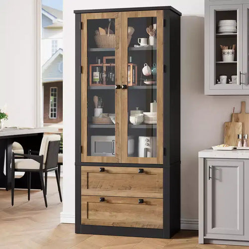 72 Tall Kitchen Pantry Cabinet with 2 Drawers, Farmhouse Kitchen Cupboard with Glass Doors and Adjustable Shelves, for Dining Room
