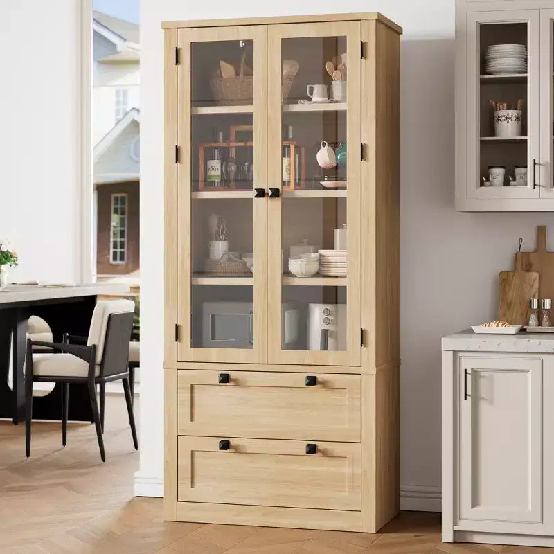 Meuble de rangement haut de cuisine de 72 po avec 2 tiroirs, armoire de cuisine de style campagnard avec portes vitrées et étagères réglables, pour salle à manger