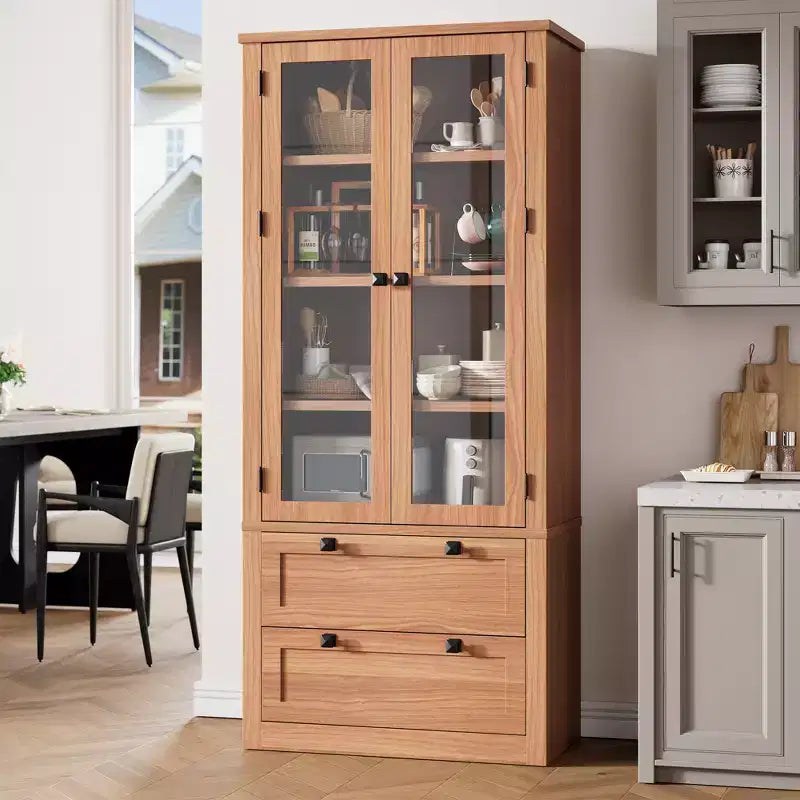 Meuble de rangement haut de cuisine de 72 po avec 2 tiroirs, armoire de cuisine de style campagnard avec portes vitrées et étagères réglables, pour salle à manger