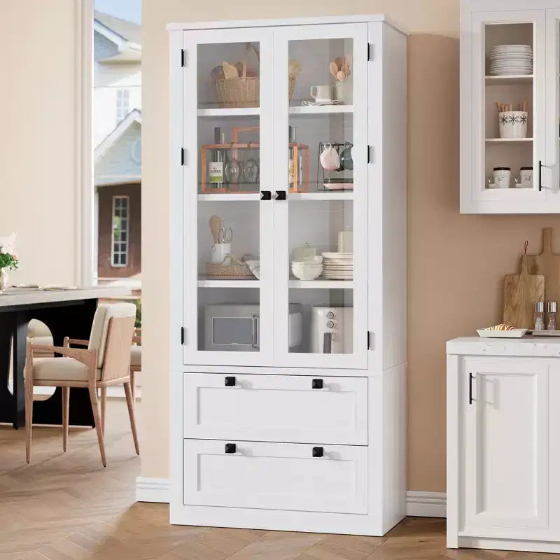 Meuble de rangement haut de cuisine de 72 po avec 2 tiroirs, armoire de cuisine de style campagnard avec portes vitrées et étagères réglables, pour salle à manger