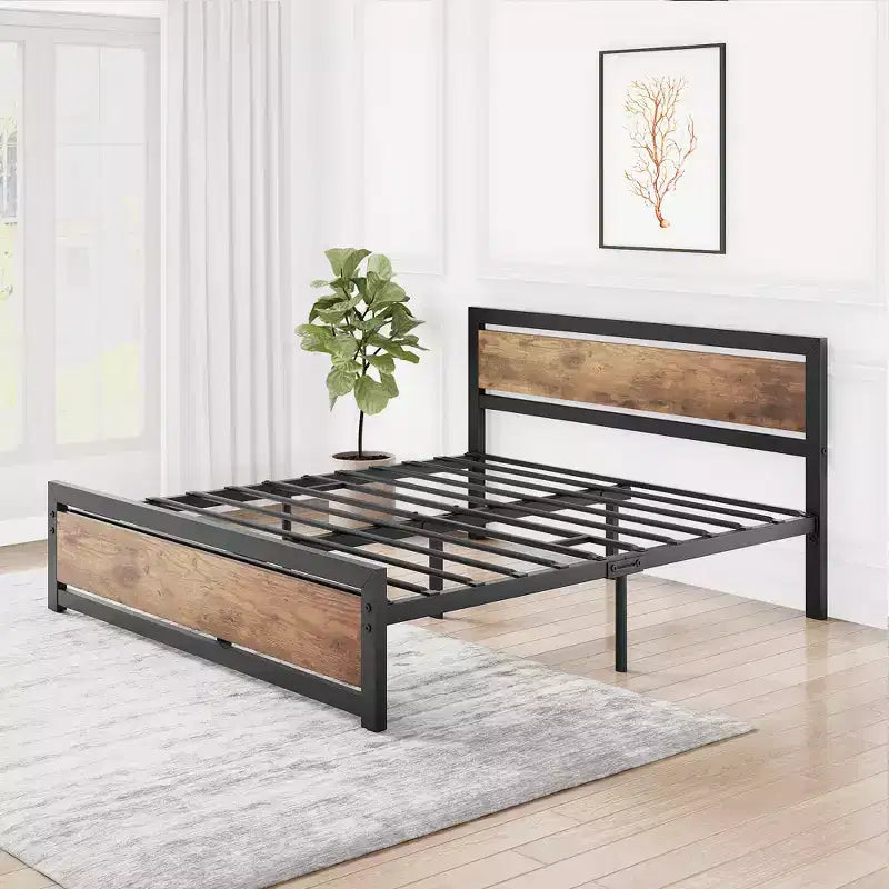 Cadre de lit plateforme entièrement métallique avec tête de lit en bois, robuste, antidérapant, grand espace de rangement sous le lit, pas besoin de sommier tapissier, silencieux, taille double