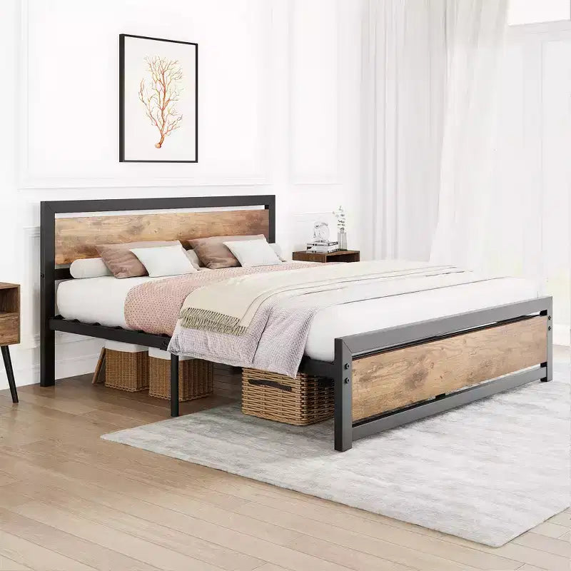 Cadre de lit plateforme entièrement métallique avec tête de lit en bois, robuste, antidérapant, grand espace de rangement sous le lit, pas besoin de sommier tapissier, silencieux, taille double