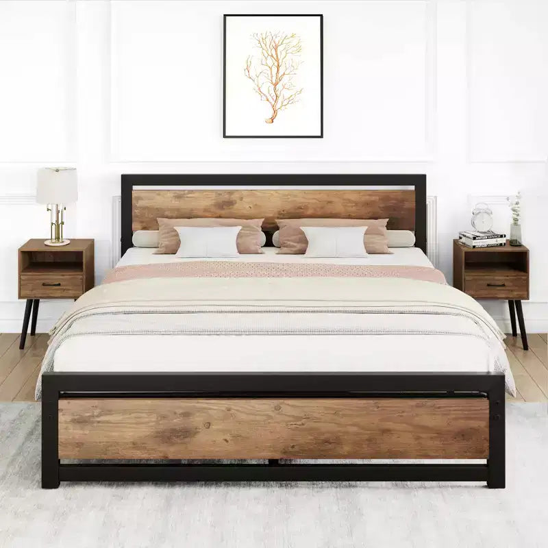 Cadre de lit plateforme entièrement métallique avec tête de lit en bois, robuste, antidérapant, grand espace de rangement sous le lit, pas besoin de sommier tapissier, silencieux, taille double