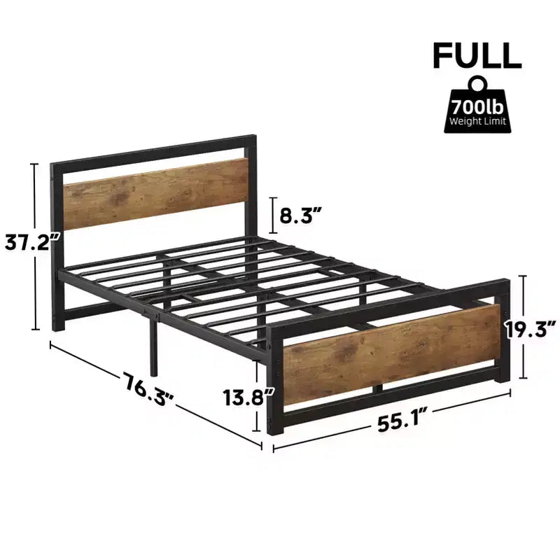 Cadre de lit plateforme entièrement métallique avec tête de lit en bois, robuste, antidérapant, grand espace de rangement sous le lit, pas besoin de sommier tapissier, silencieux, taille double