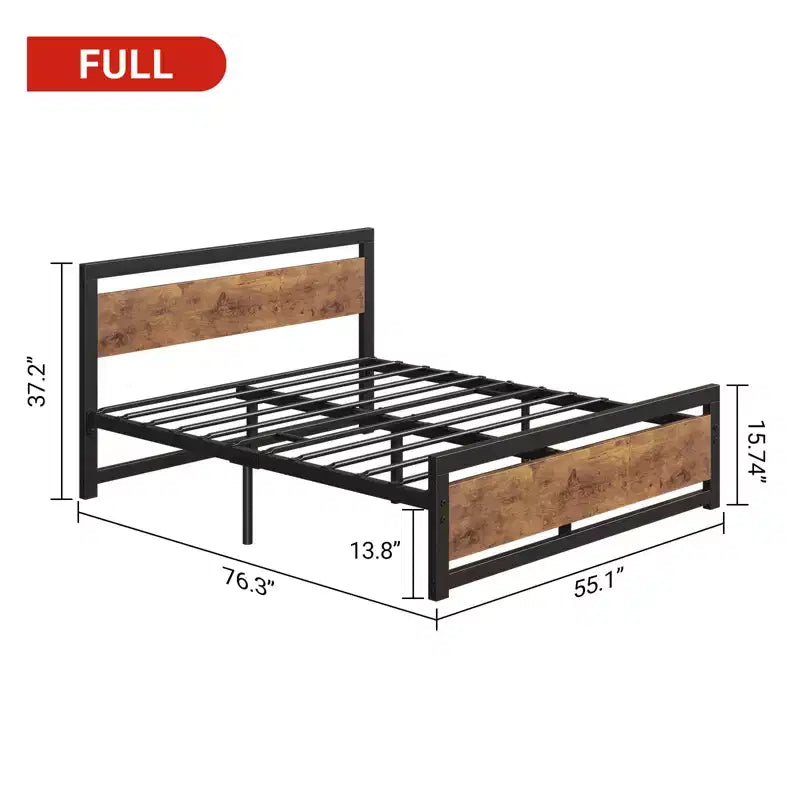 Cadre de lit plateforme entièrement métallique avec tête de lit en bois, robuste, antidérapant, grand espace de rangement sous le lit, pas besoin de sommier tapissier, silencieux, taille double