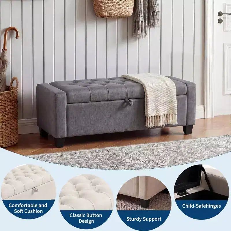 Banc de rangement ottoman de 129 cm avec charnière de sécurité à fermeture lente, banc rembourré capitonné pour chambre et salon, capacité de poids de 303 kg, 113 litres