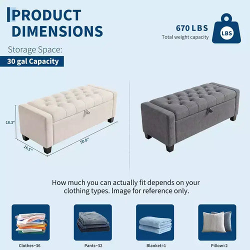 Banc de rangement ottoman de 129 cm avec charnière de sécurité à fermeture lente, banc rembourré capitonné pour chambre et salon, capacité de poids de 303 kg, 113 litres