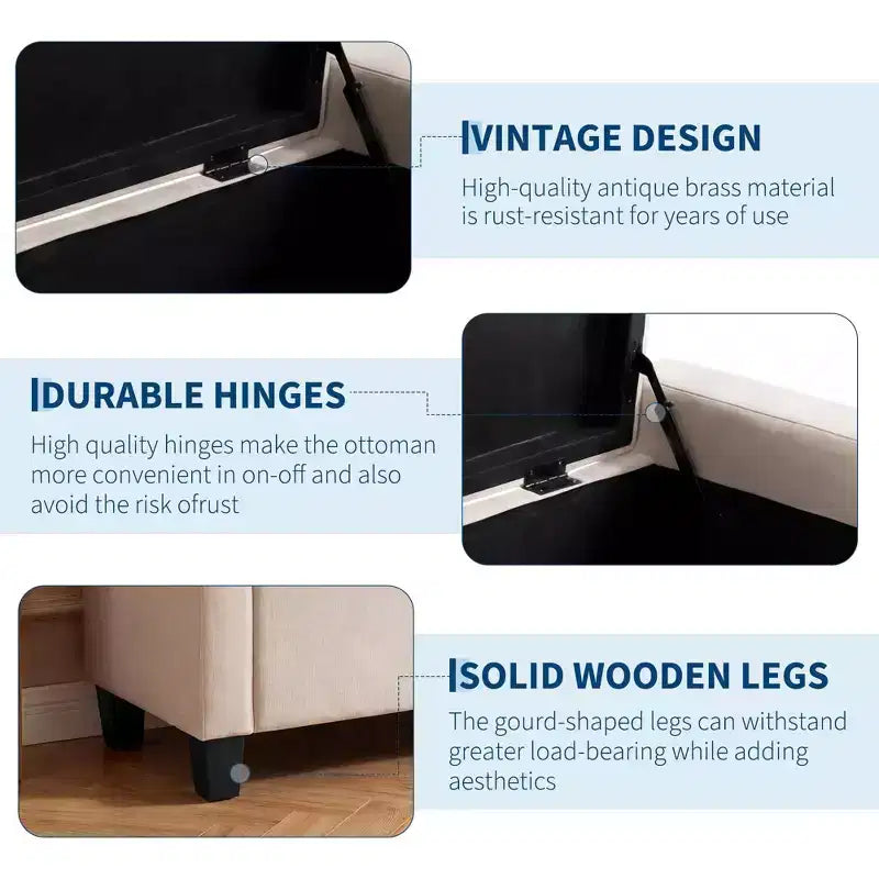 Banc de rangement ottoman de 129 cm avec charnière de sécurité à fermeture lente, banc rembourré capitonné pour chambre et salon, capacité de poids de 303 kg, 113 litres