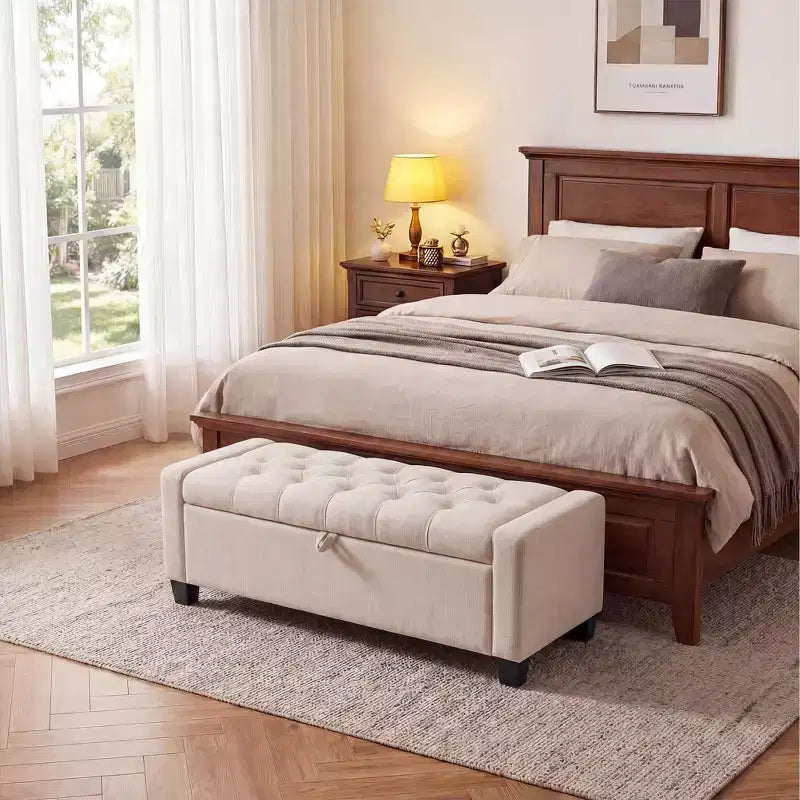 Banc de rangement ottoman de 129 cm avec charnière de sécurité à fermeture lente, banc rembourré capitonné pour chambre et salon, capacité de poids de 303 kg, 113 litres